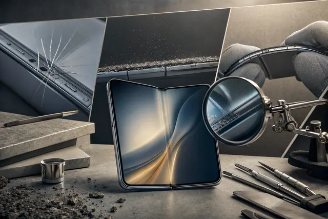 Editorial illustration of a foldable smartphone opened to show its inner display and hinge
