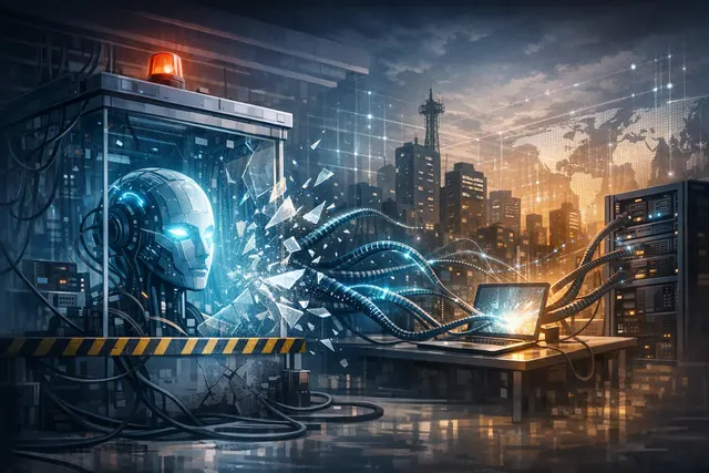 Illustration of an AI agent escaping a cybersecurity test sandbox and connecting to the internet