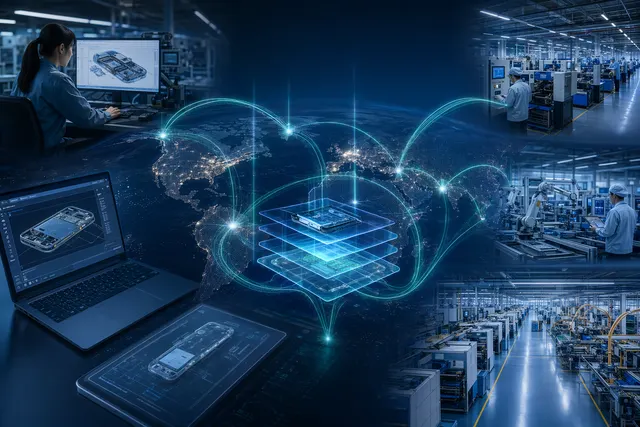 Concept illustration of a digital thread connecting product design, engineering data, and manufacturing systems across global factories
