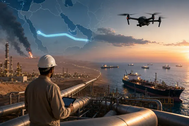 AI-generated editorial illustration accompanying coverage of Saudi Aramco’s East-West pipeline restart