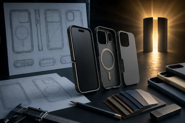 Editorial illustration of a rumored book-style foldable iPhone and protective case