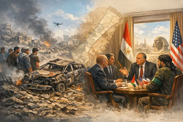 An abstract editorial image depicting the fractured state of the Gaza ceasefire and expanding Israeli military control.