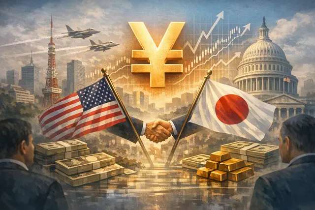 Editorial illustration of Scott Bessent’s coordinated U.S.–Japan intervention to support the Japanese yen