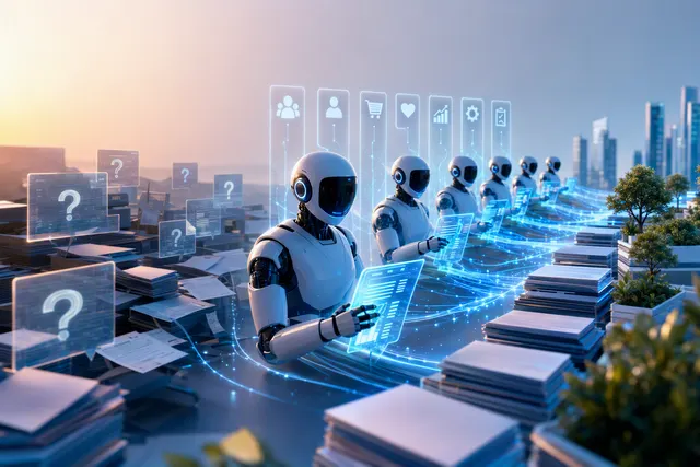 Editorial illustration of Salesforce Agentforce job-ready AI agents and enterprise workflows