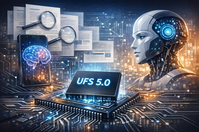 A stylized illustration of a smartphone with glowing AI circuits and a lightning-fast data transfer icon, representing Samsung's UFS 5.0 storage chip enabling next-generation on-de