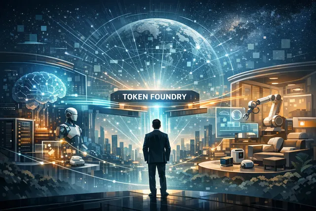Alibaba Token Foundry AI restructuring concept with the company logo and digital network graphics