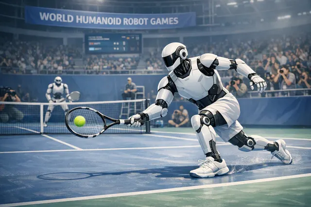 AI-generated illustration of humanoid robots competing in a tennis match at Beijing’s World Humanoid Robot Games