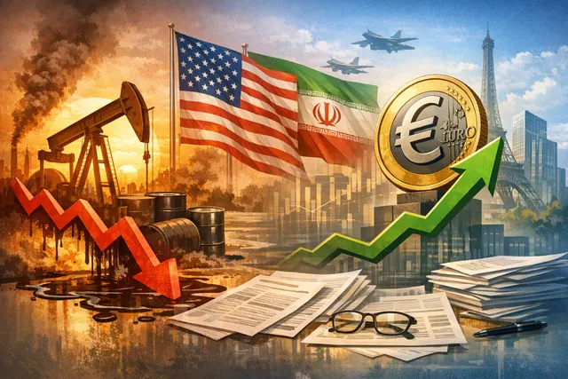 Editorial image representing the euro currency against a backdrop of oil prices and geopolitical conflict, illustrating the euro's reaction to the US-Iran pause in 2026.