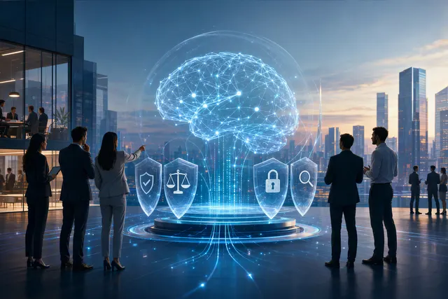 AI-generated editorial illustration accompanying an article about enterprise AI-agent governance