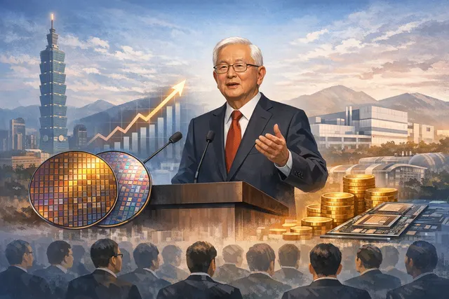 TSMC CEO C.C. Wei speaking at a podium during the 2025 annual shareholders' meeting with a presentation screen behind him showing advanced semiconductor technology graphics.