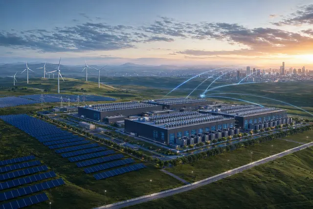 Editorial illustration of an AI data center in Inner Mongolia connected to renewable-energy infrastructure