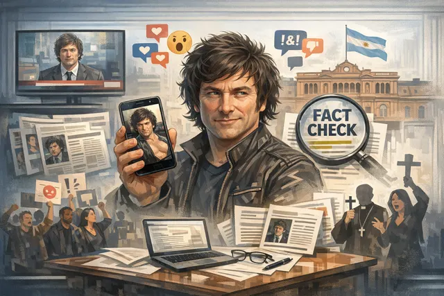 AI-generated editorial image of Argentine President Javier Milei with a smartphone showing a 'WORLD CELEBRATION' tweet, set against the backdrop of the 2026 World Cup final scoreli