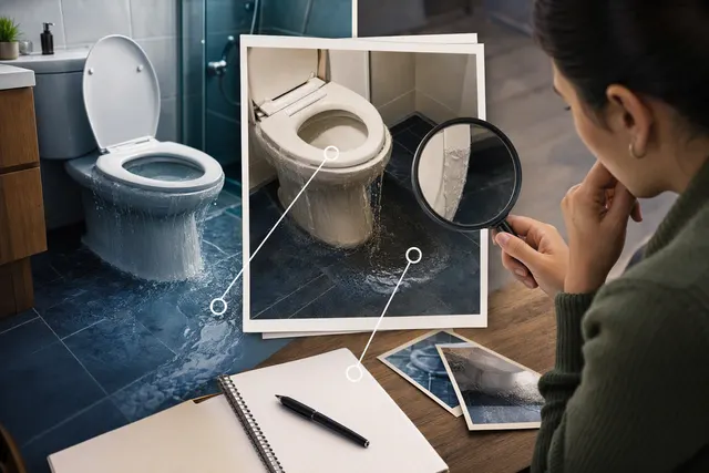 Illustration of an overflowing toilet and disputed damage evidence