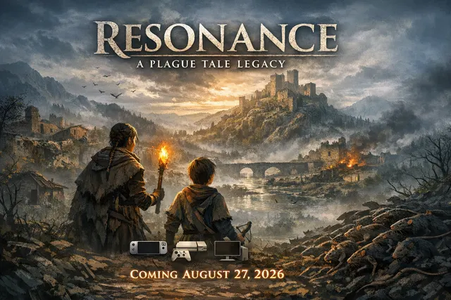 A young woman wielding a sword stands on a rocky shore looking toward a massive ancient statue jutting from the sea, evoking the Minotaur's Island from Resonance: A Plague Tale Leg