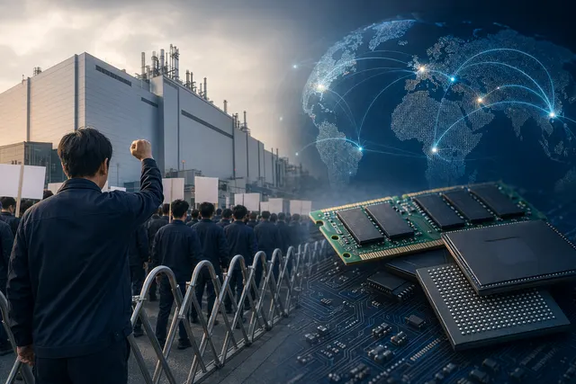 Illustration of a semiconductor factory disruption representing Samsung worker strike affecting global memory chip supply