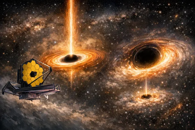 Artistic rendering of a blazing supermassive black hole in the early universe dominating a small, dim host galaxy, based on new discoveries from the James Webb Space Telescope.