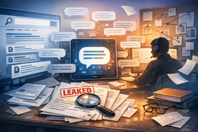 Abstract digital illustration of a magnifying glass hovering over a browser window filled with chat bubbles and code snippets, representing the discovery of shared Claude AI conver