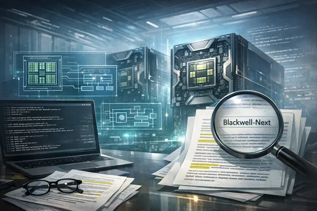 Abstract illustration of a GPU die with architectural labels and circuit pathways, representing Nvidia's next-generation Blackwell-Next architecture revealed through Linux kernel p