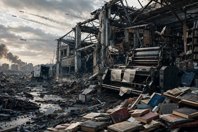 Editorial illustration of damage to Ukraine’s book publishing infrastructure after Russian strikes