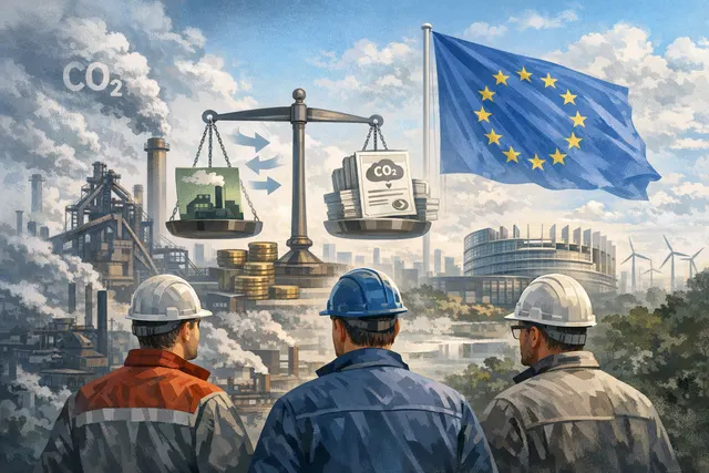 Industrial steel plant with smokestacks against a cloudy sky, representing European steel production under EU carbon market pressure
