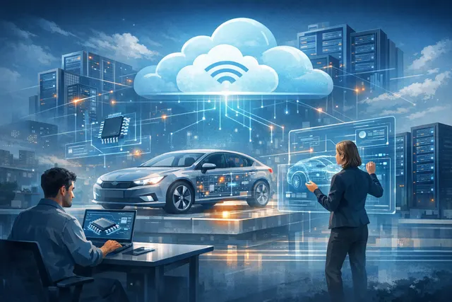 Illustration of a cloud-based automotive microcontroller evaluation platform showing a browser interface with virtual MCU models, Quick Mode and Expert Mode options, and AWS infras