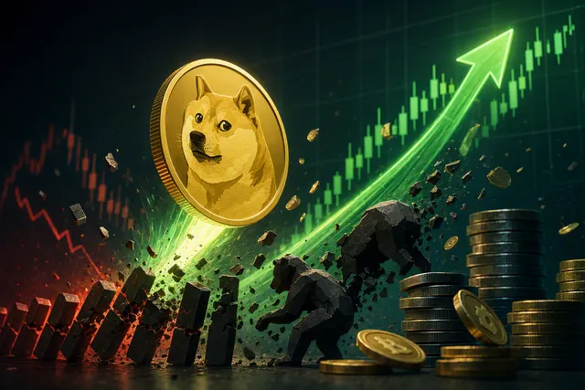 Illustration of Dogecoin market volatility and a price rally toward $0.10