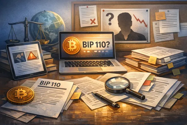 Conceptual illustration of a Bitcoin split or fork, with a magnifying glass over transaction data layers, symbolizing the BIP-110 censorship debate.