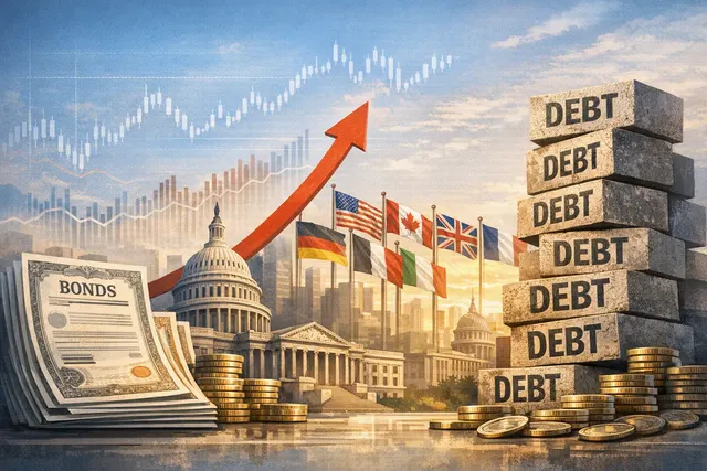 Editorial illustration of rising government bond yields and mounting G7 public debt