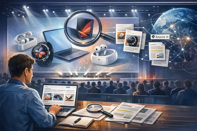 Huawei products concept collage: smartphone, smartwatch, earbuds, and laptop