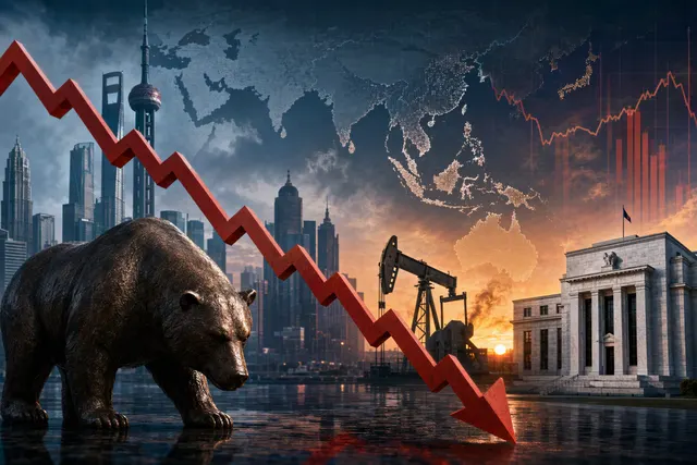 Illustration of Asian stock market screens and oil barrels, representing the October 8 market decline and rising crude prices