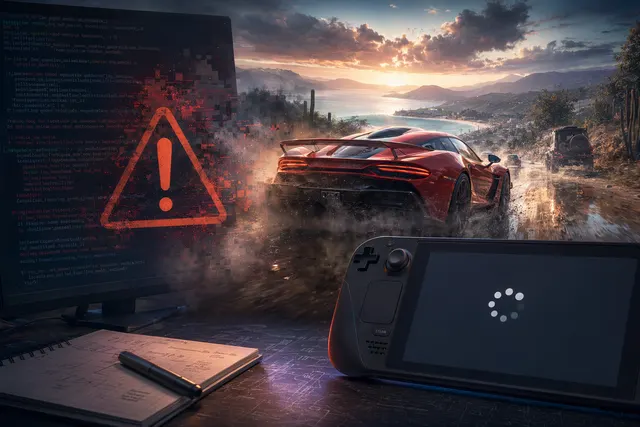 Forza Horizon style racing scene representing Linux and SteamOS compatibility issues at launch