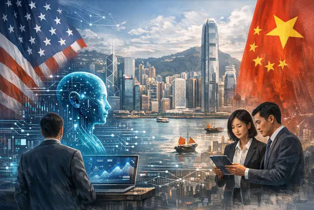 Abstract image of US and China flags woven into a digital matrix with a glowing Hong Kong skyline, symbolizing the geopolitical conflict in AI deployment.