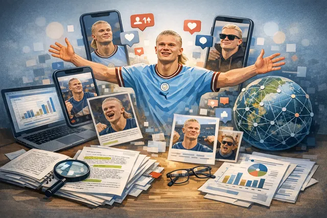 Erling Haaland in Norway kit celebrating at the 2026 FIFA World Cup, superimposed with social media icons and memes including Majin Buu from Dragon Ball Z