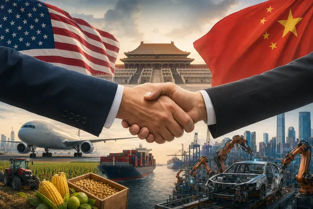 Editorial illustration of U.S. President Donald Trump and Chinese President Xi Jinping meeting in Beijing during trade talks