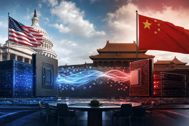 AI-generated editorial illustration accompanying an article about U.S.–China tensions over AI model distillation