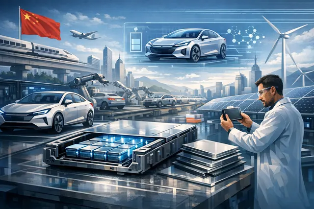 Concept image of a solid-state battery powering a futuristic EV, symbolizing China's 2027 production target.