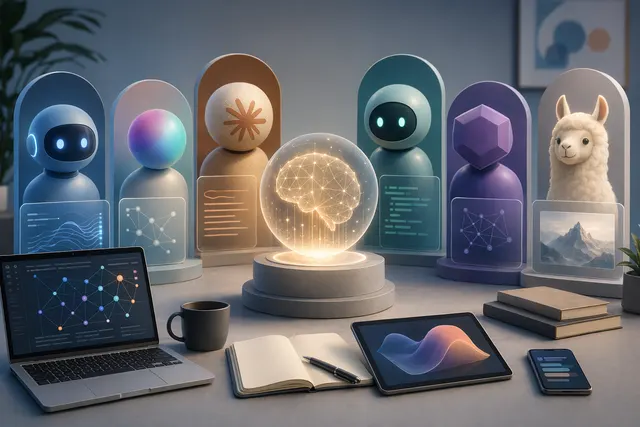 Illustration eines Vergleichs kostenloser KI-Chatbots auf einem digitalen Dashboard