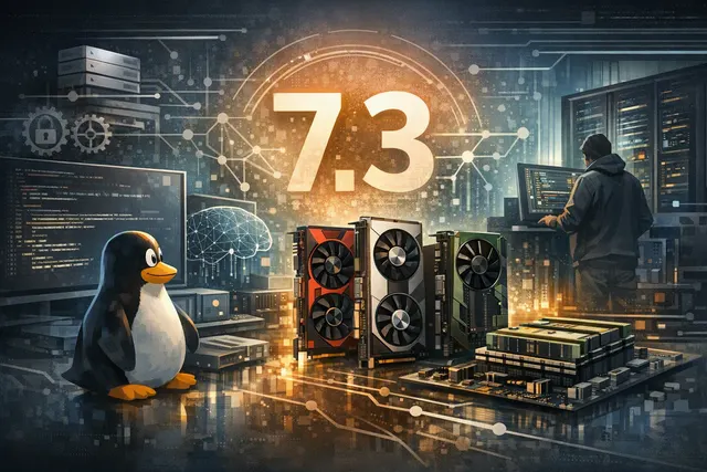 Illustration of the Linux 7.3 kernel merge window with GPU drivers, VRAM memory management, input devices, and CXL fabric-attached memory