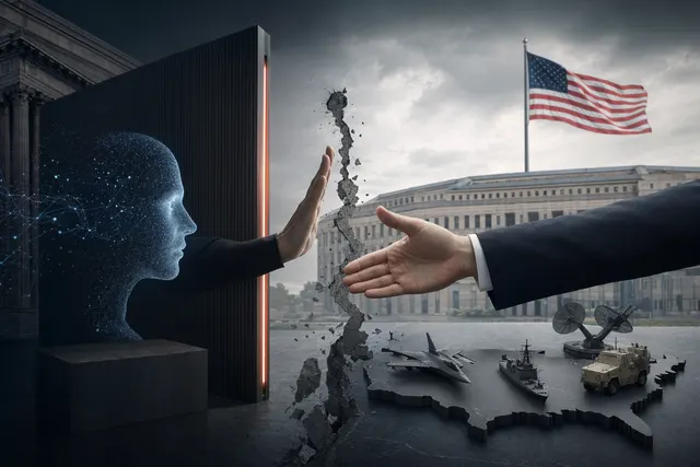 Concept illustration of AI technology conflict between the Pentagon and Anthropic over military AI use