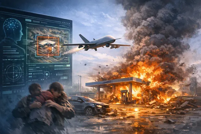 Editorial illustration of an AI-guided military drone over a city, representing the debate over autonomous weapons