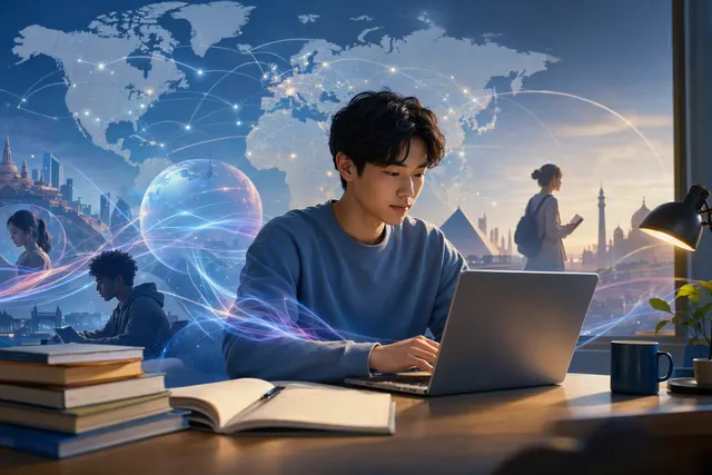 Illustration of a college student using AI-powered study tools on a laptop