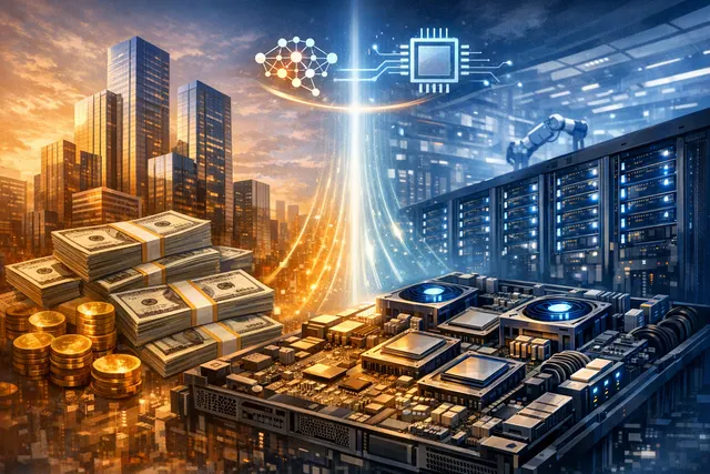 Abstract visualization of Google's AI data center expansion and the landmark $80 billion equity raise in 2026.