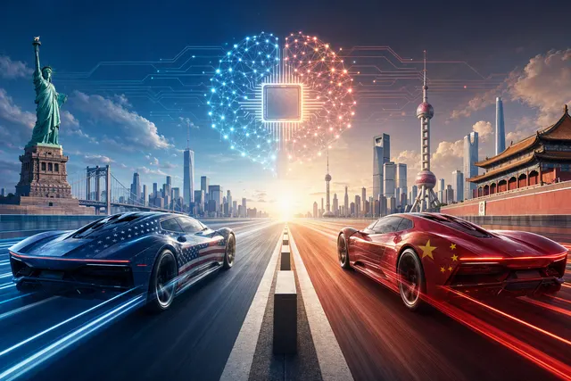 Editorial illustration of the U.S. and China competing in artificial intelligence, with DeepSeek represented among the models narrowing the benchmark gap