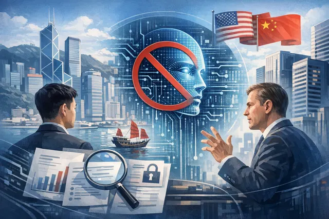 A conceptual digital illustration of a glowing red 'export control' stamp being applied over a shattered AI model icon, symbolizing the unprecedented US government shutdown of Anth