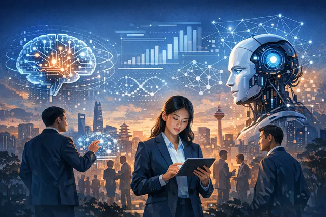 A conceptual illustration of blindfolded business people running and pouring coins into a glowing, futuristic AI funnel, symbolizing the rush of investment without seeing the retur
