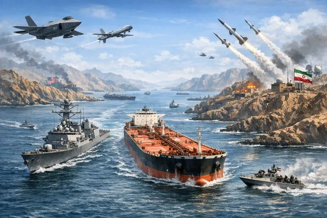 AI-generated editorial image depicting a warship and burning cargo vessel in the Strait of Hormuz during a fragile ceasefire.