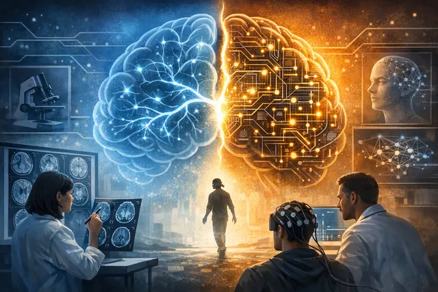 Abstract illustration of a human brain and AI chatbot interface, representing the neuroscience of consciousness and artificial intelligence