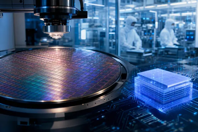 Editorial illustration representing TSMC’s A14 chip manufacturing timeline and the planned 2028 production ramp