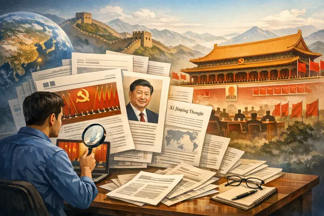 An AI-generated image representing Xi Jinping Thought on Party Building being announced at a national conference in Beijing in June 2026.