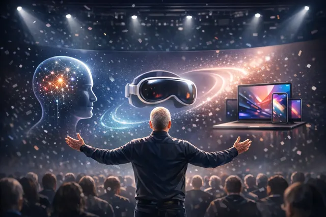 Tim Cook giving his final WWDC 2026 keynote on stage at Apple Park